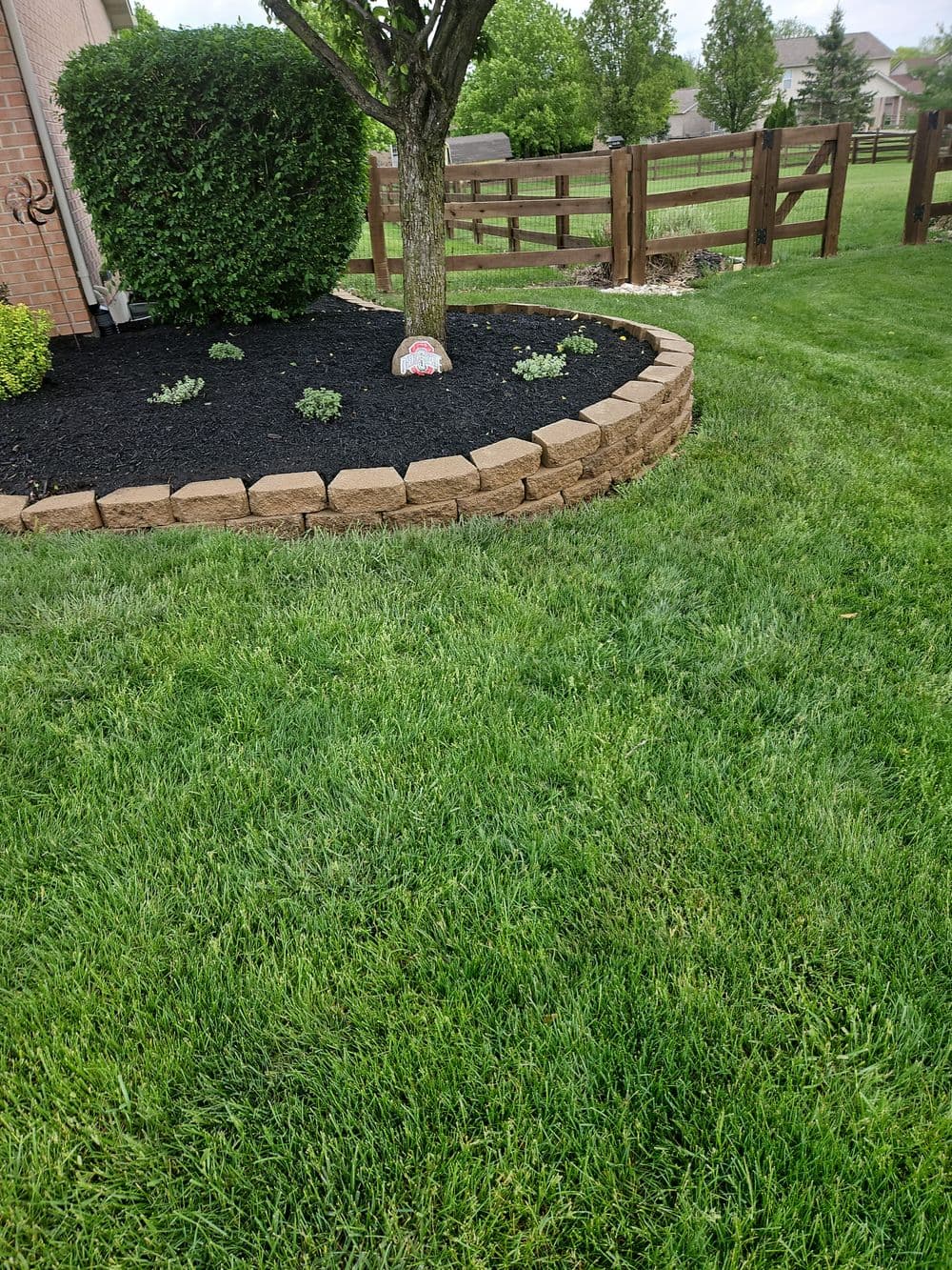 Landscaped yard with a stone border, tree, and neat grass, featuring a flower bed.
